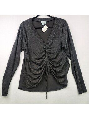 Veronica M. Metallic Blouse XL Black Cinched Shimmery Romantic Glam Whimsical
